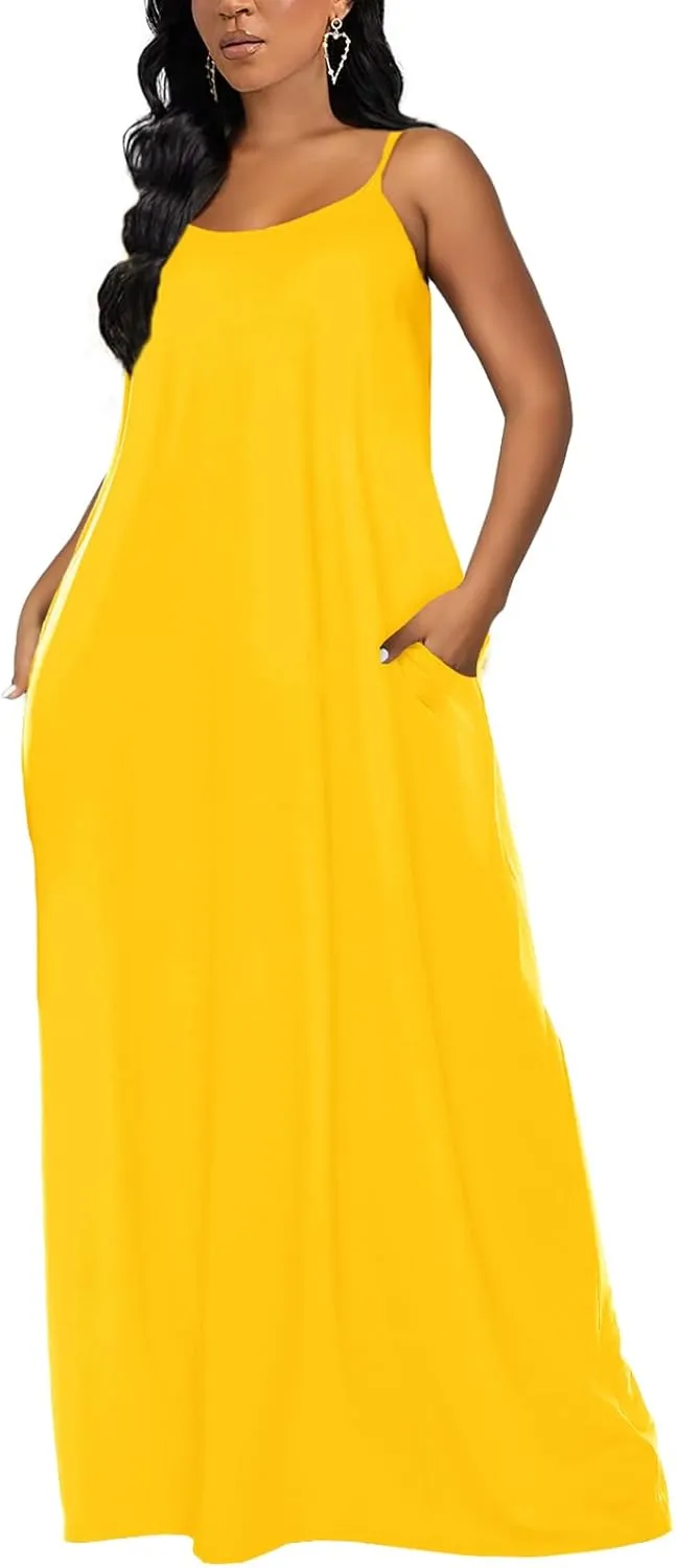 OFEEFAN Women's Maxi Dresses Summer Spaghetti Strap Dress with Pockets