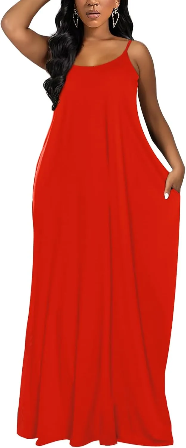 OFEEFAN Women's Maxi Dresses Summer Spaghetti Strap Dress with Pockets