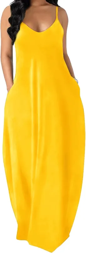 OFEEFAN Women's Maxi Dresses Summer Spaghetti Strap Dress with Pockets