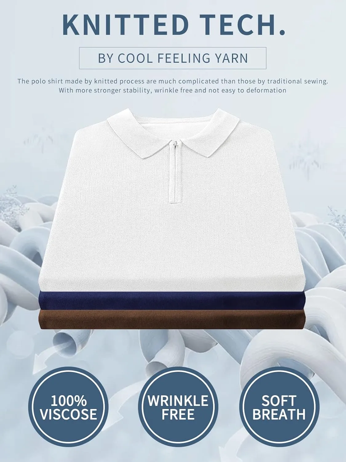 RQP Mens Zipper Polo Shirts Knit Casual Shirts Short/Long Sleeve,Stretch Slim Fit Golf Shirts,Soft Pullover
