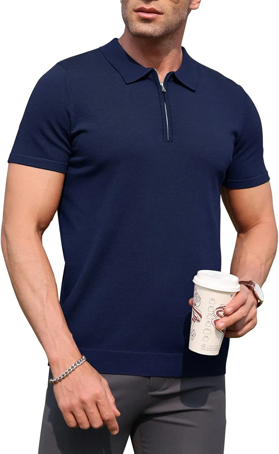 RQP Mens Zipper Polo Shirts Knit Casual Shirts Short/Long Sleeve,Stretch Slim Fit Golf Shirts,Soft Pullover