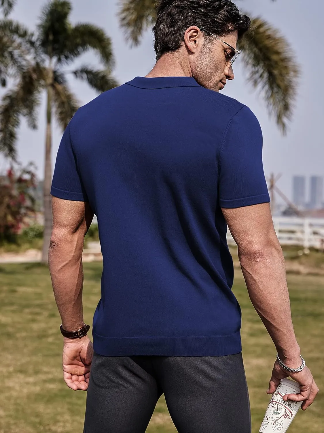RQP Mens Zipper Polo Shirts Knit Casual Shirts Short/Long Sleeve,Stretch Slim Fit Golf Shirts,Soft Pullover