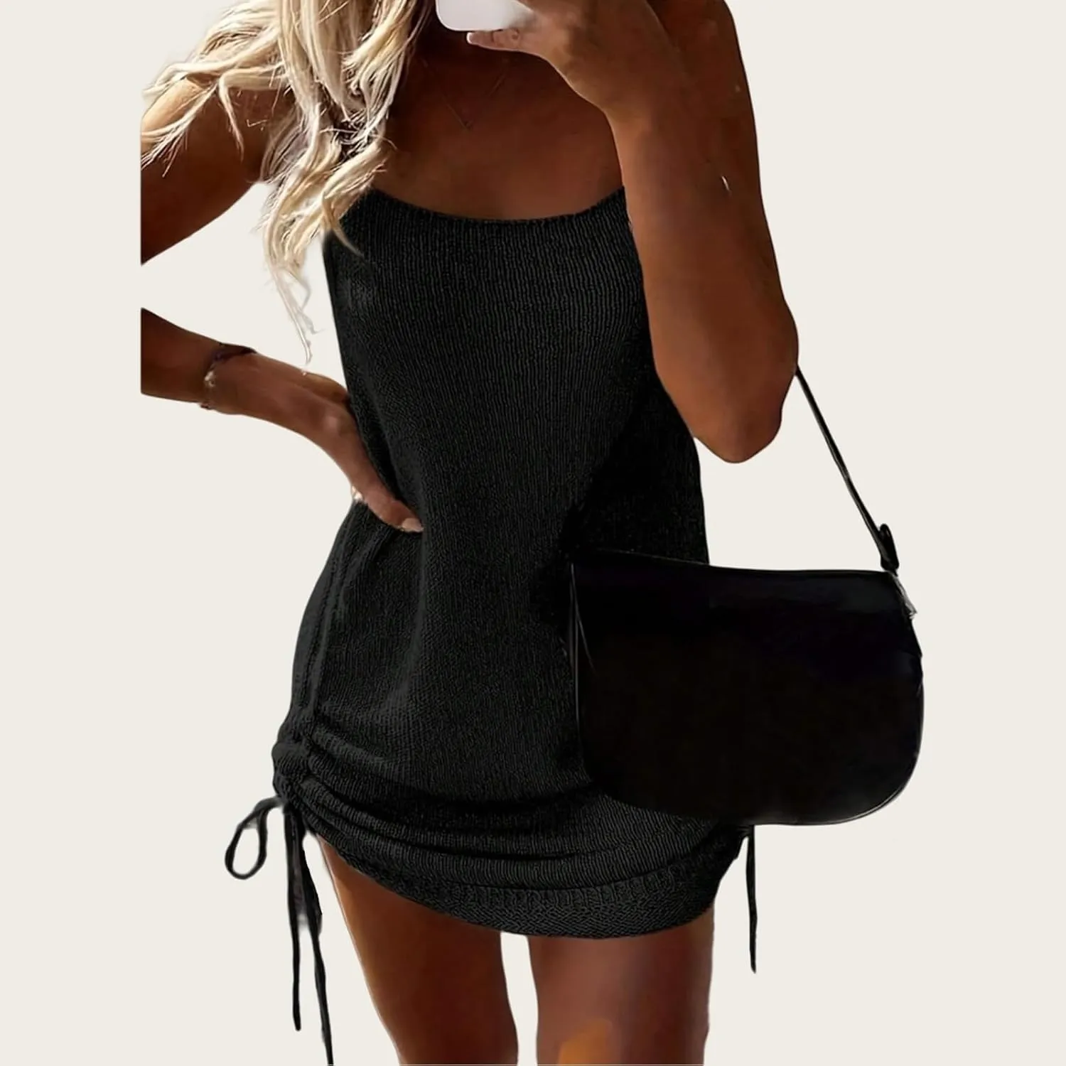 Runaivete Fashion Sleeveless Lace-Up Dress, Sleeveless Drawstring Side Knitted Mini Dress, Strapless Crochet Dresses