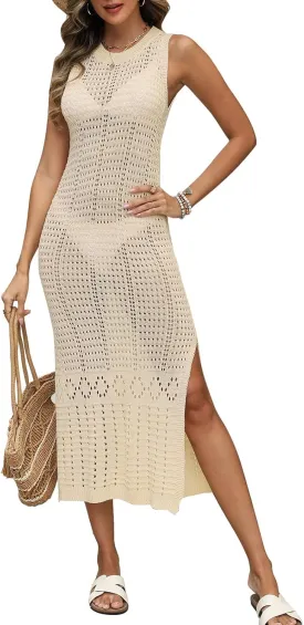 shermie Women's Crochet Swimsuit Cover Up Sleeveless Side Slit Loose Casual Long Beach Dress