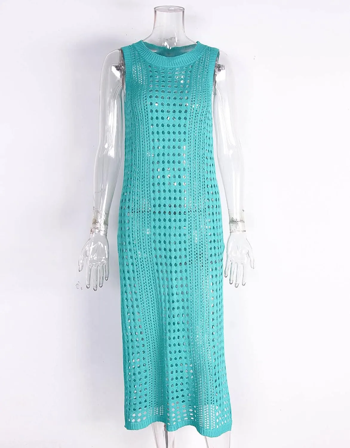 shermie Women's Crochet Swimsuit Cover Up Sleeveless Side Slit Loose Casual Long Beach Dress