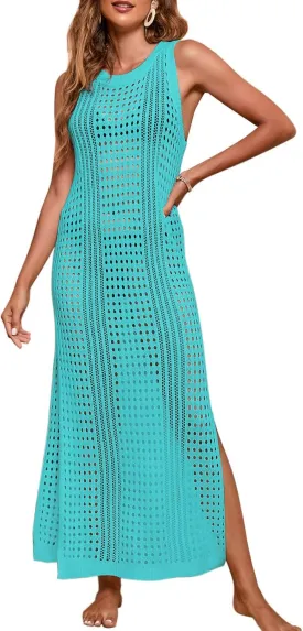 shermie Women's Crochet Swimsuit Cover Up Sleeveless Side Slit Loose Casual Long Beach Dress