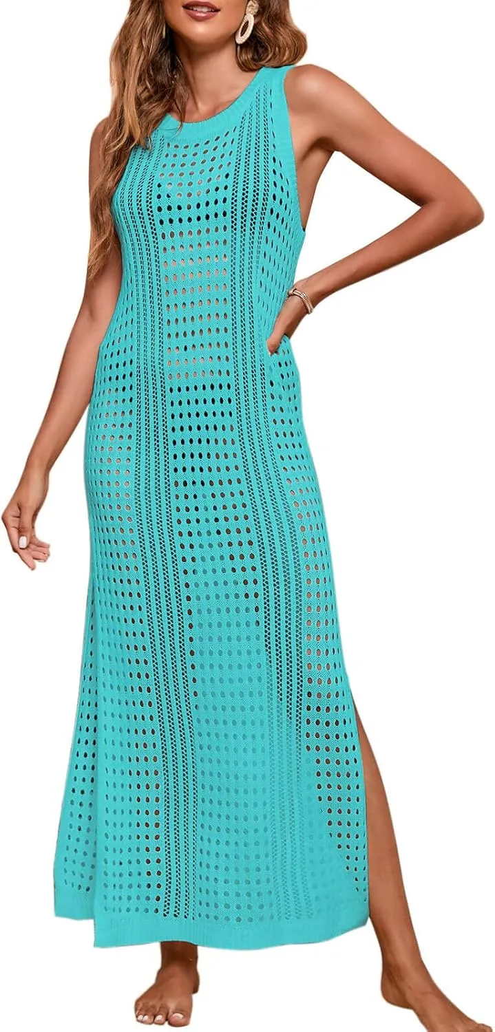 shermie Women's Crochet Swimsuit Cover Up Sleeveless Side Slit Loose Casual Long Beach Dress