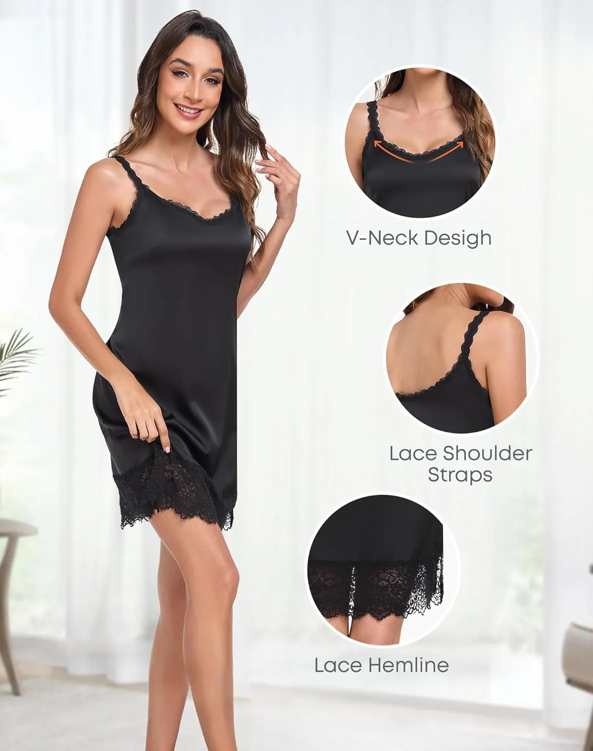 Stain Full Slip for Women Under Dresses Lace Trim Underdress Slip Nightgown V Neck Sleepwear