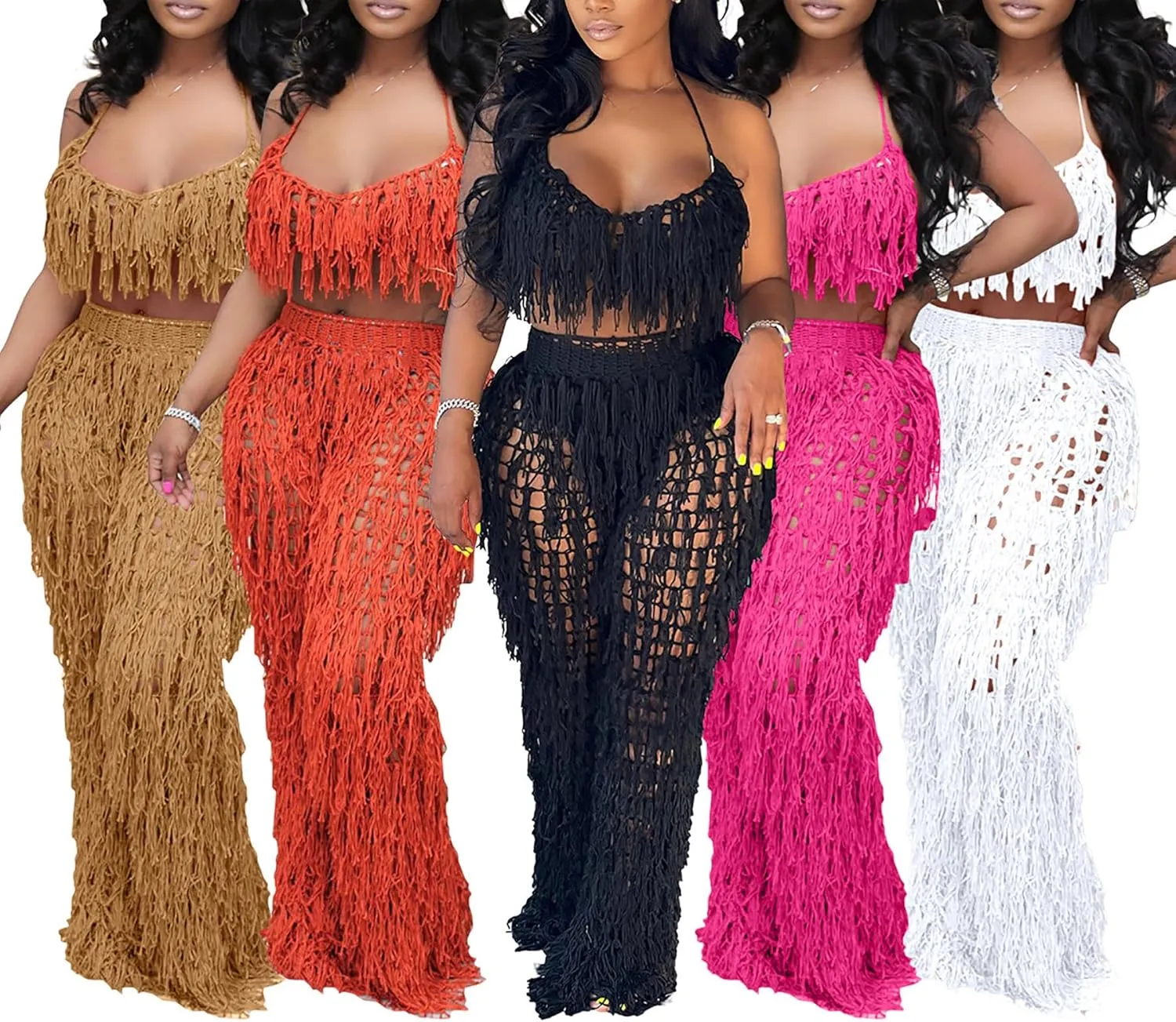 Tbahhir Women's 2 Piece Vacation Outfits Sexy Crochet Bikini Coverups Beach Suits Halter Top Pants Sets Fringe