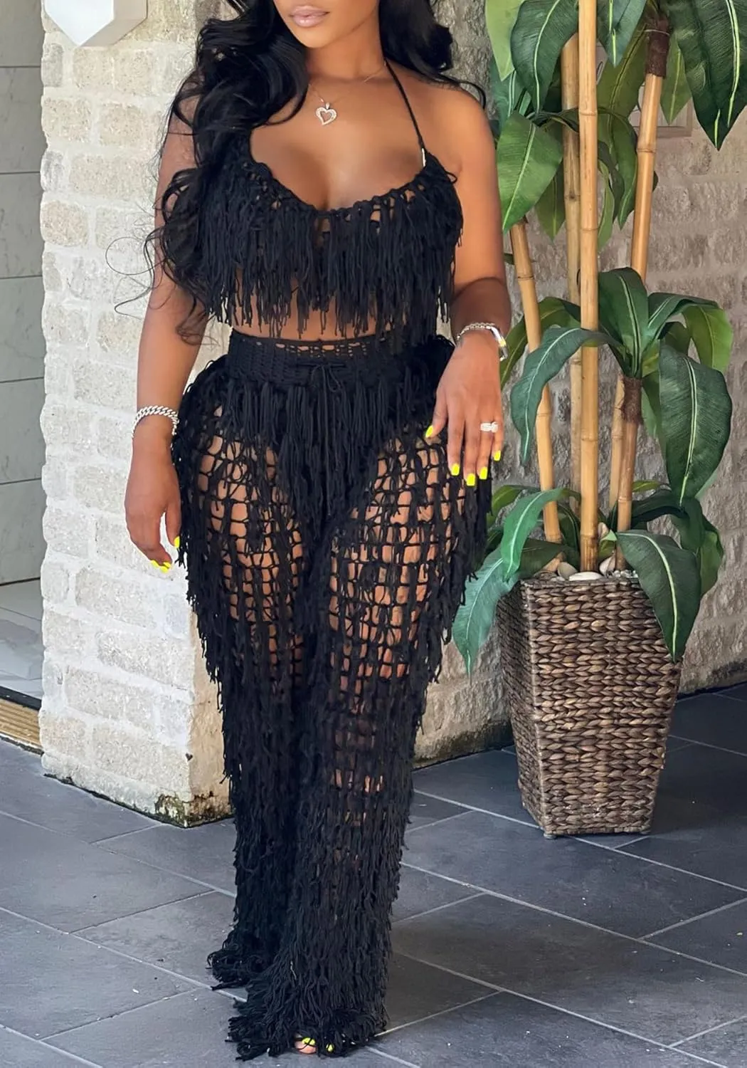 Tbahhir Women's 2 Piece Vacation Outfits Sexy Crochet Bikini Coverups Beach Suits Halter Top Pants Sets Fringe
