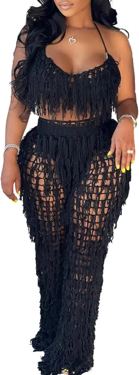Tbahhir Women's 2 Piece Vacation Outfits Sexy Crochet Bikini Coverups Beach Suits Halter Top Pants Sets Fringe