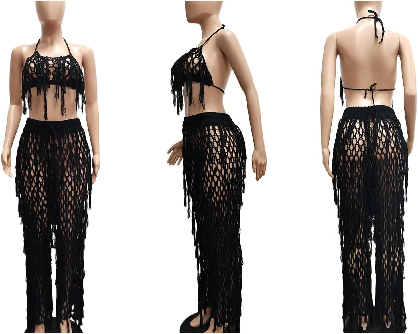 Tbahhir Women's 2 Piece Vacation Outfits Sexy Crochet Bikini Coverups Beach Suits Halter Top Pants Sets Fringe