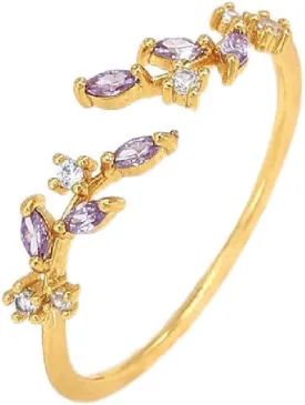 Trendy Open Leaf Ring for Women, Branch Leaves Band Stacking Finger Ring, 14K Gold Cubic Zirconia Plated Open Ring