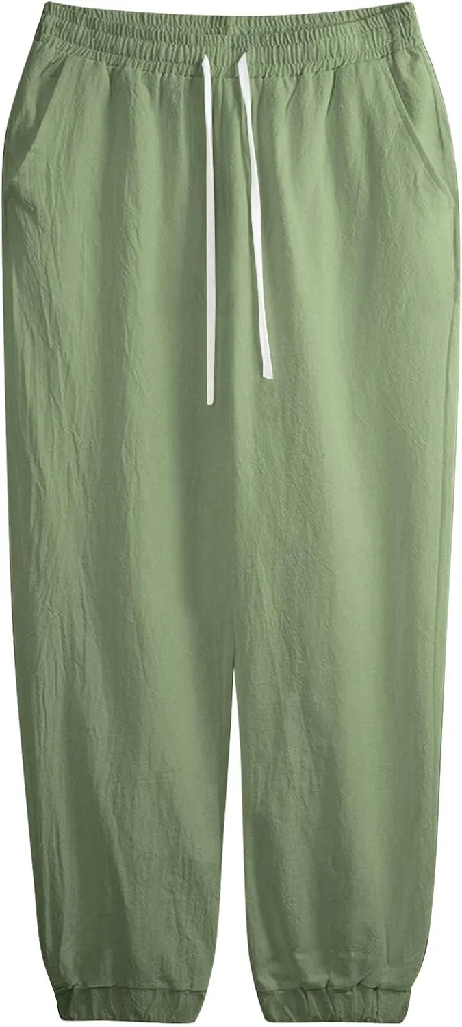 WENKOMG1 Cotton Linen Pants for Men Elastic Waist and Ankle Drawstring Baggy Style Lightweight Breathable Beach Pants