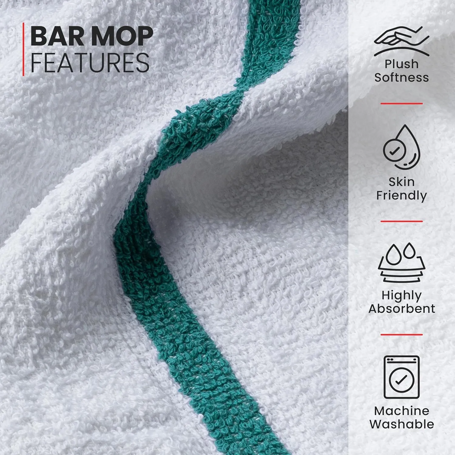 White Bar Mops Green Stripe, 24 Pack, Soft Absorbent Cotton Bar Wipe Kitchen Towel Reusable Rag Quick Dry Dish Cloth Cleaning Duster for Home Office Hotel Salon Hospital Pool Gym Sport