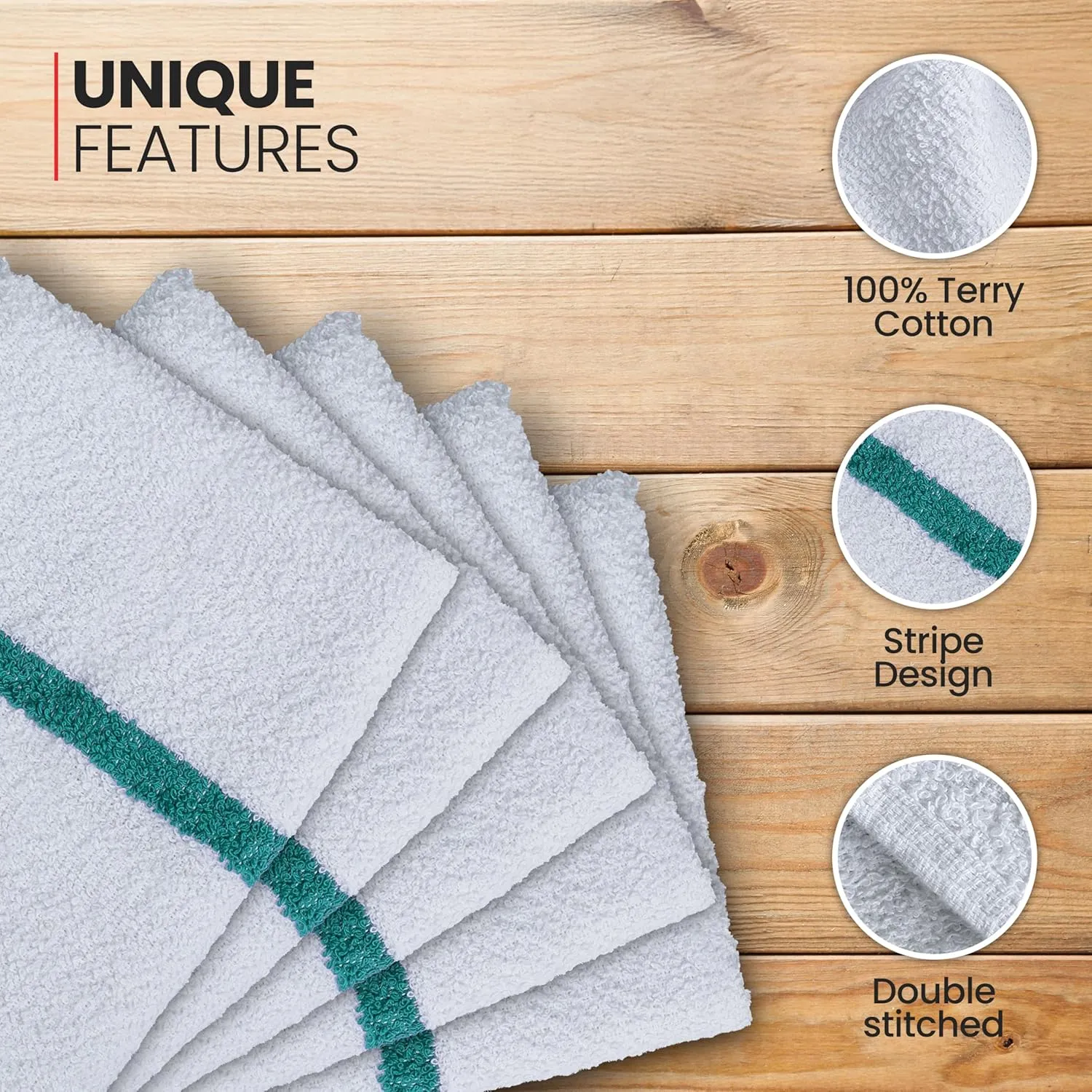 White Bar Mops Green Stripe, 24 Pack, Soft Absorbent Cotton Bar Wipe Kitchen Towel Reusable Rag Quick Dry Dish Cloth Cleaning Duster for Home Office Hotel Salon Hospital Pool Gym Sport