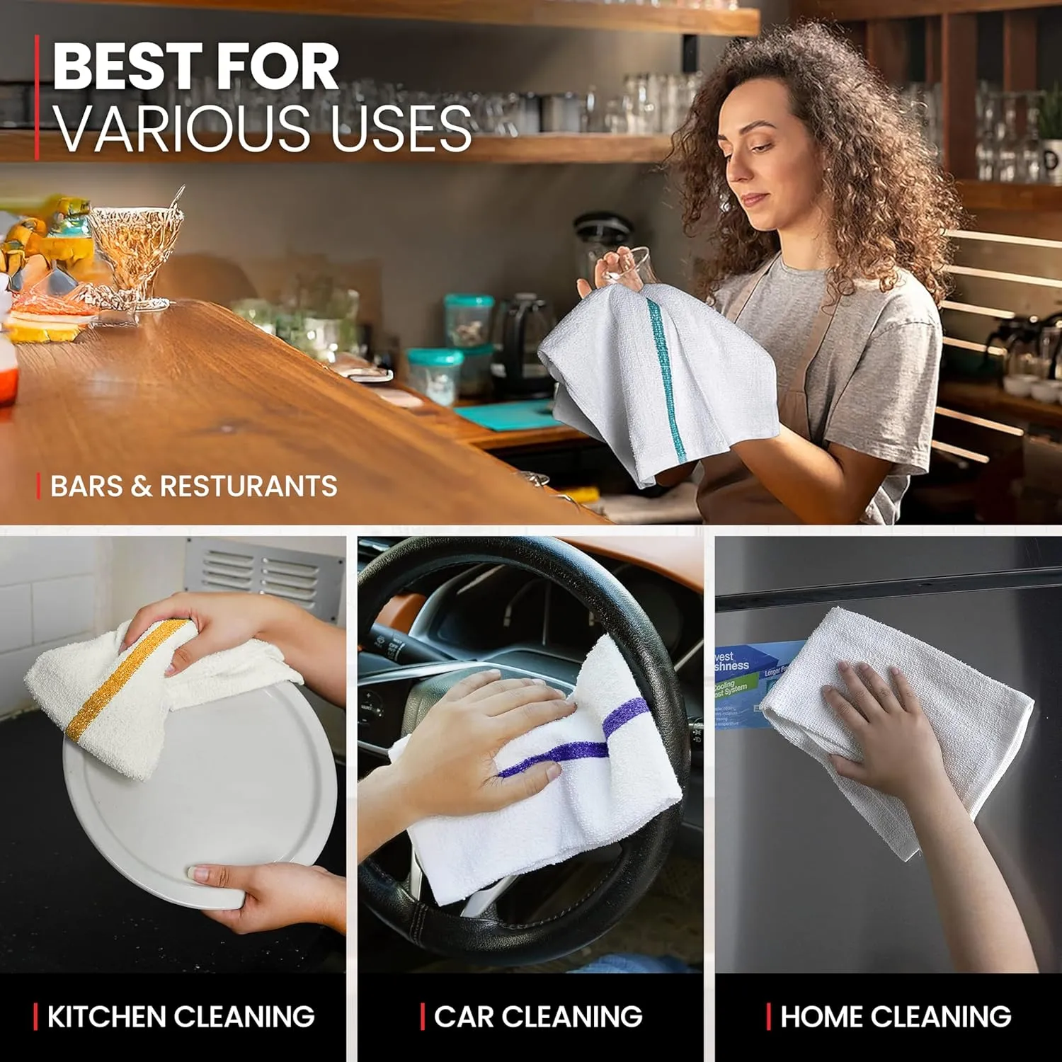 White Bar Mops Green Stripe, 24 Pack, Soft Absorbent Cotton Bar Wipe Kitchen Towel Reusable Rag Quick Dry Dish Cloth Cleaning Duster for Home Office Hotel Salon Hospital Pool Gym Sport