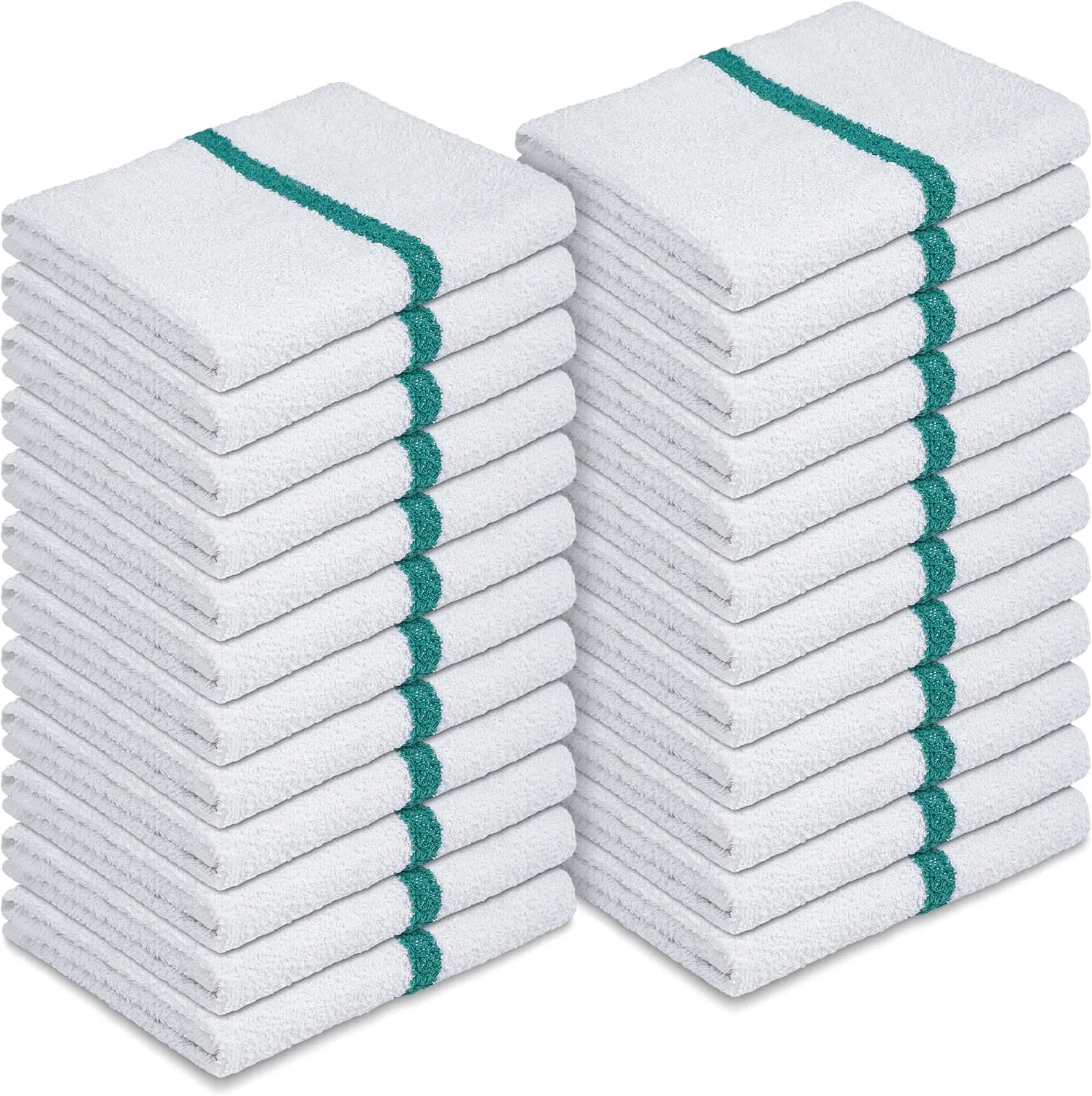 White Bar Mops Green Stripe, 24 Pack, Soft Absorbent Cotton Bar Wipe Kitchen Towel Reusable Rag Quick Dry Dish Cloth Cleaning Duster for Home Office Hotel Salon Hospital Pool Gym Sport
