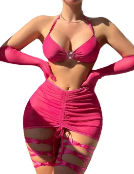Women Sexy Lingerie Set Mesh Bra Skirt Lingerie Sheer See Through Babydoll with Thigh Cuffs