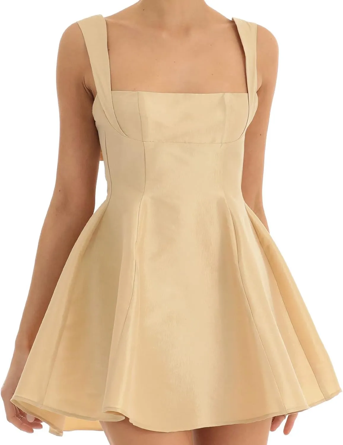 Women Square Neck Sleeveless Mini Dress Backless Bow Knot Tie Back Spaghetti Strap A Line Graduate Dress