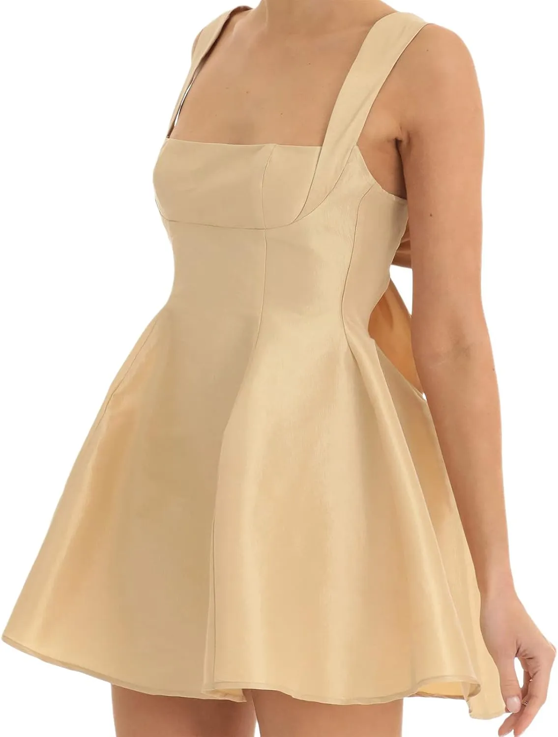 Women Square Neck Sleeveless Mini Dress Backless Bow Knot Tie Back Spaghetti Strap A Line Graduate Dress