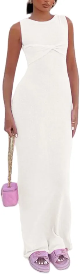 Women's Mesh Knitted Twist Knot Sleeveless Bodycon Dress Sexy See Through Crochet Maxi Long Dress Beach Bikini Cover Ups