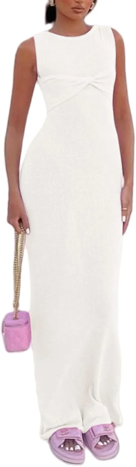 Women's Mesh Knitted Twist Knot Sleeveless Bodycon Dress Sexy See Through Crochet Maxi Long Dress Beach Bikini Cover Ups