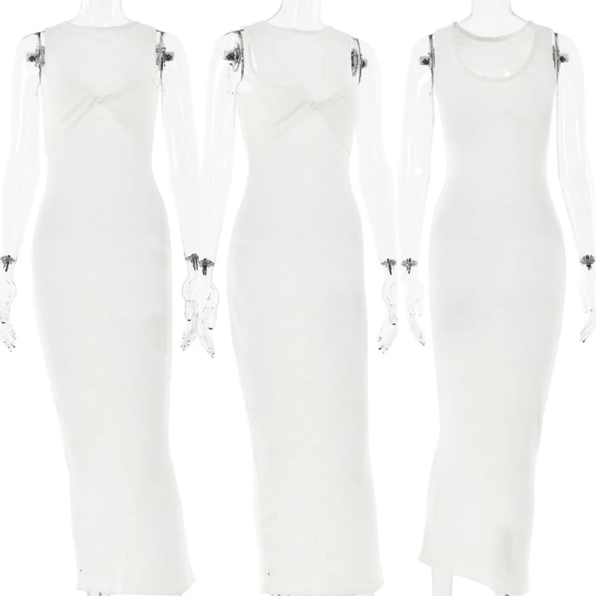 Women's Mesh Knitted Twist Knot Sleeveless Bodycon Dress Sexy See Through Crochet Maxi Long Dress Beach Bikini Cover Ups