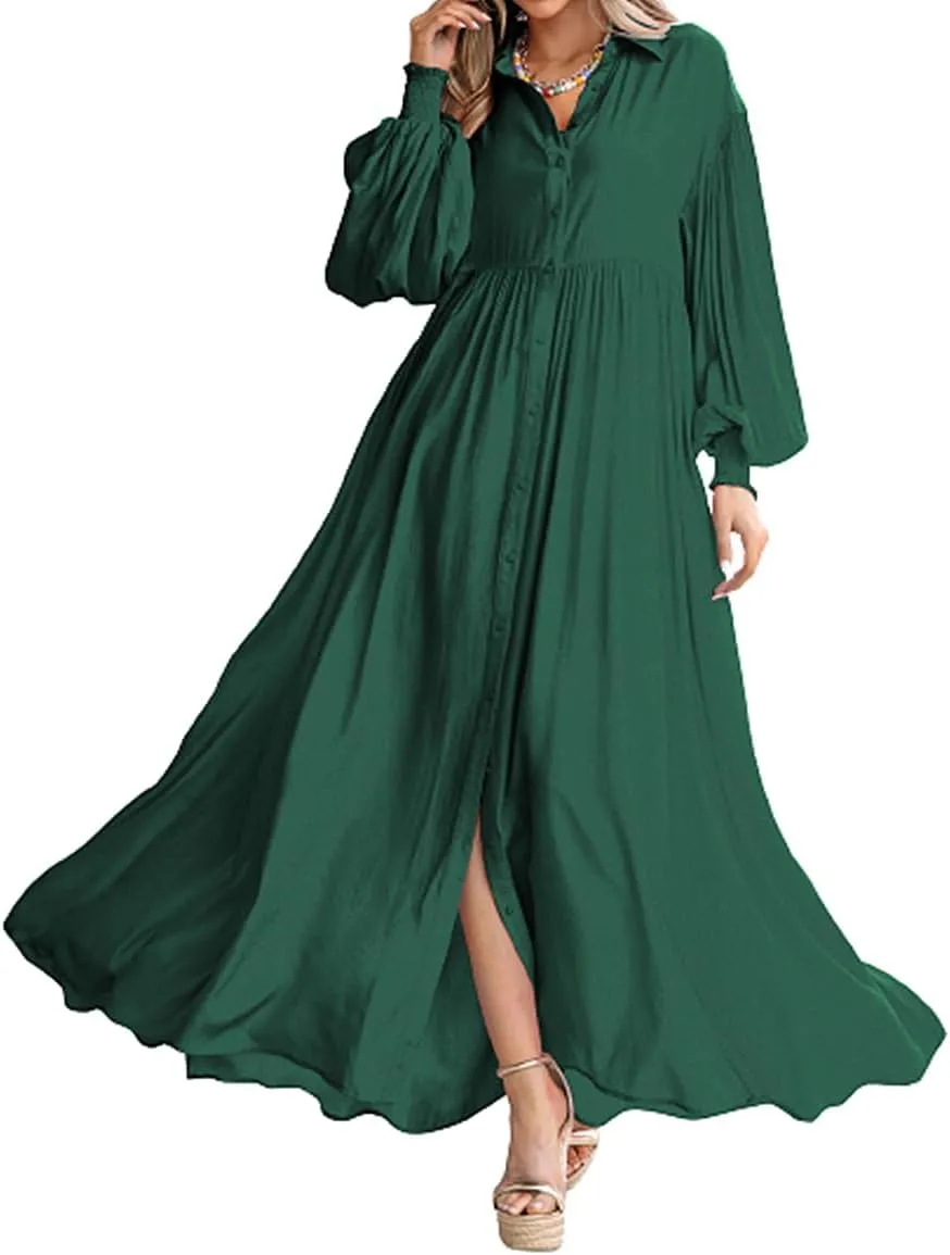Womens Plus Size Button Down Shirt Dress Summer Trendy Lantern Sleeve Maxi Dress Pleated Wedding Guest Dress S-4XL