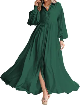 Womens Plus Size Button Down Shirt Dress Summer Trendy Lantern Sleeve Maxi Dress Pleated Wedding Guest Dress S-4XL