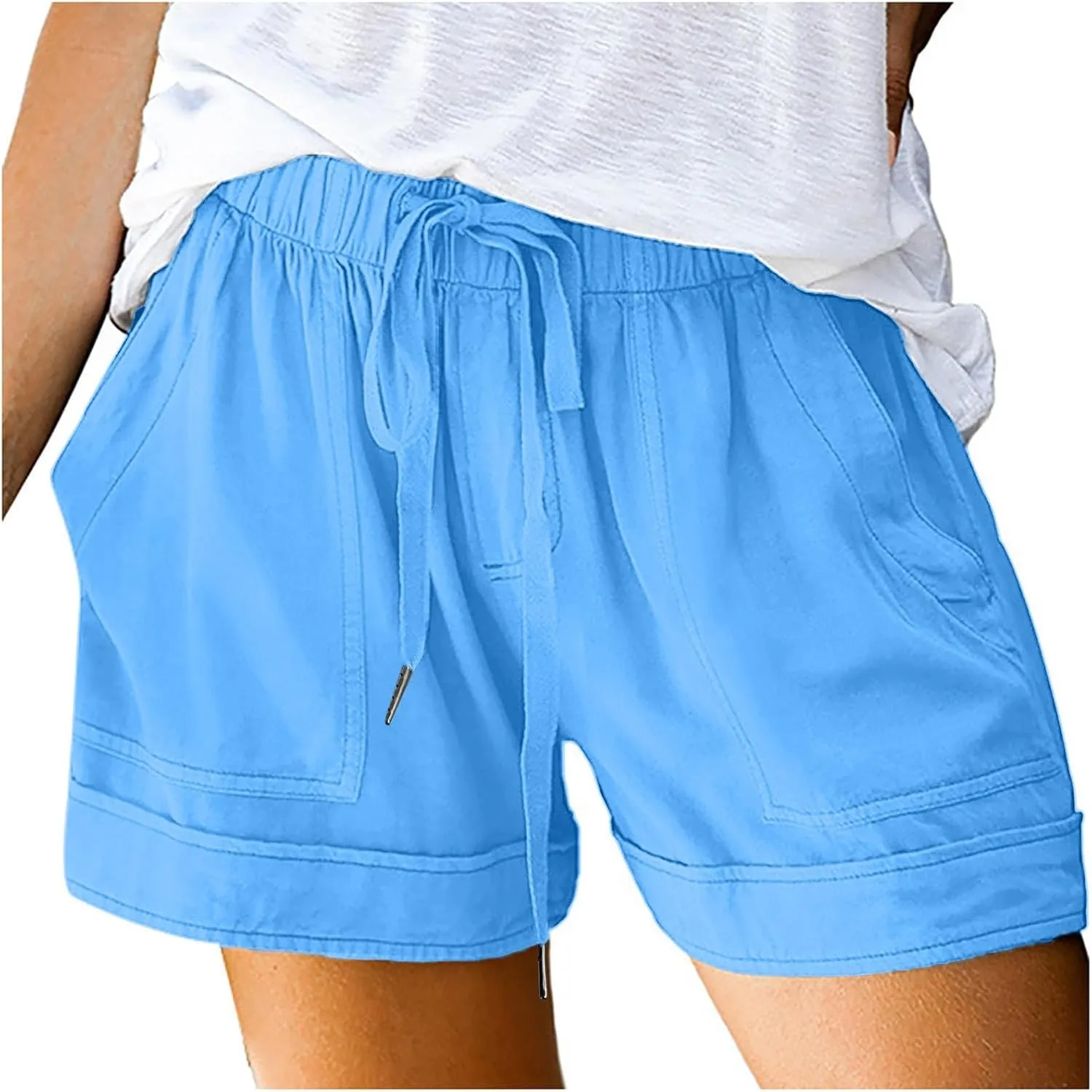 Womens Shorts Casual Shorts with Pockets Drawstring Elastic Waist Cotton Plus Size Beach Trendy Summer Clothes