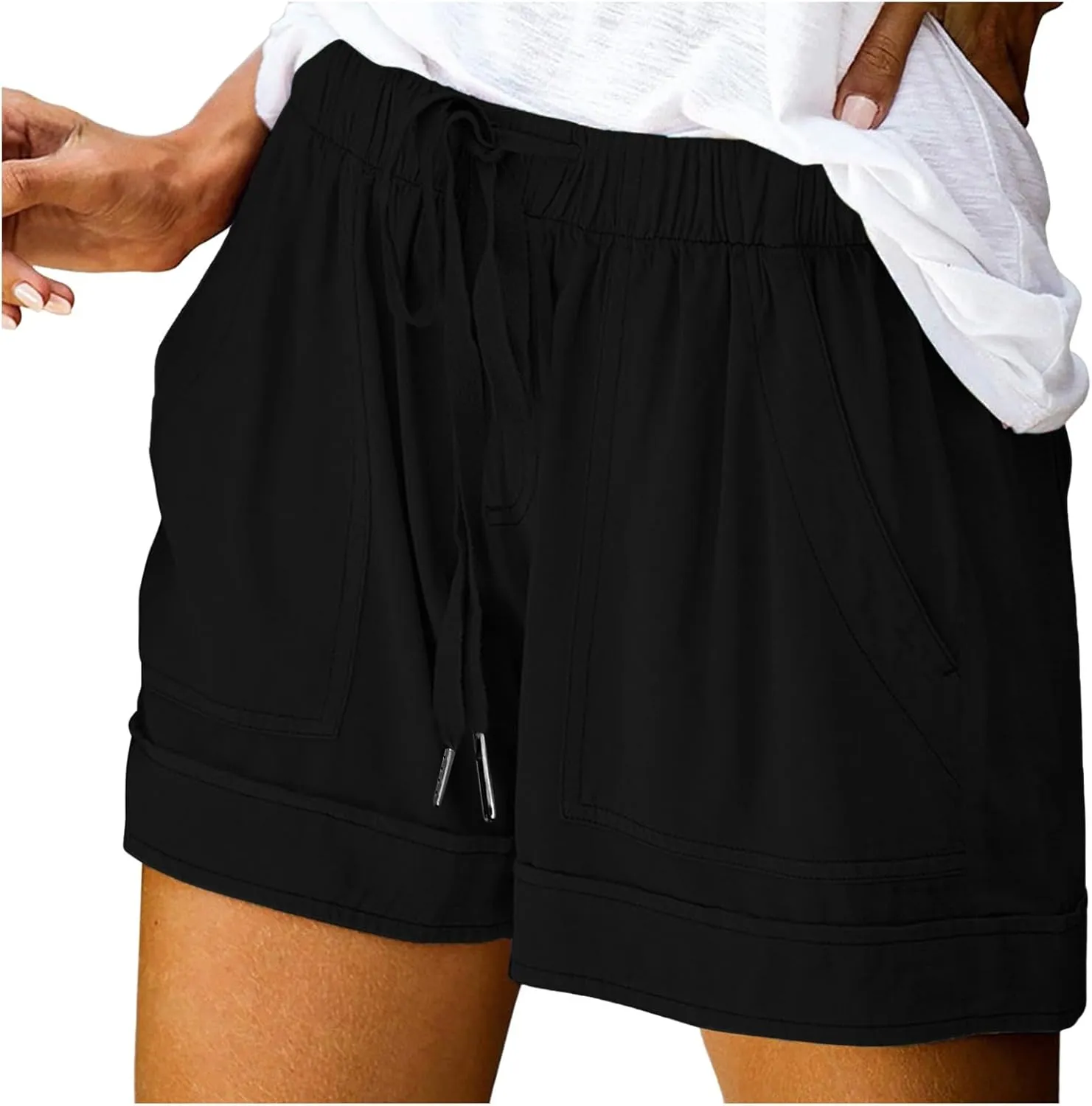 Womens Shorts Casual Shorts with Pockets Drawstring Elastic Waist Cotton Plus Size Beach Trendy Summer Clothes