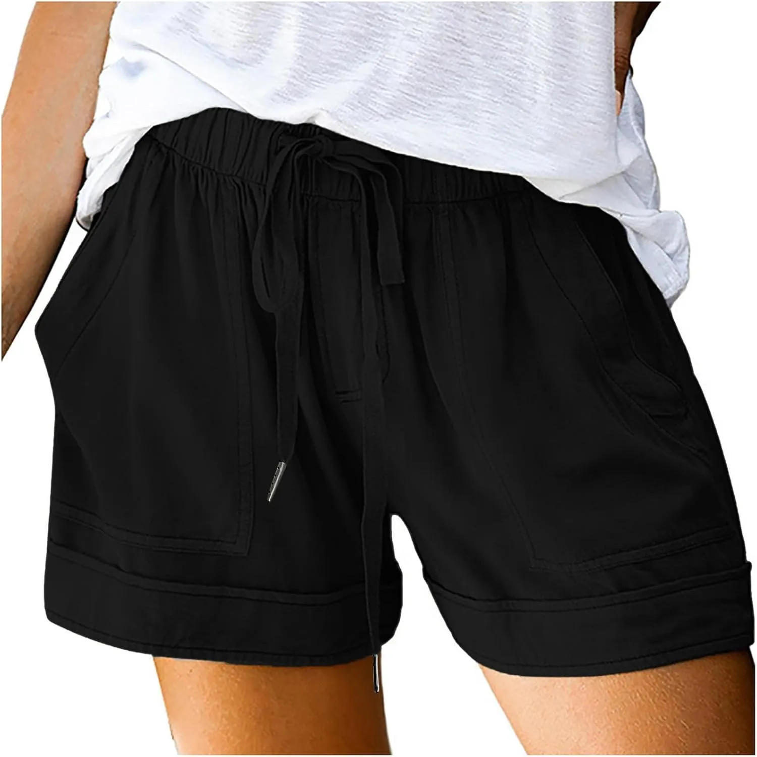 Womens Shorts Casual Shorts with Pockets Drawstring Elastic Waist Cotton Plus Size Beach Trendy Summer Clothes