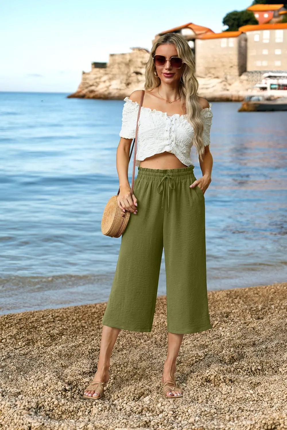 Womens Wide Leg High Waisted with Tie Belt Pockets Summer 2025 Vacation Pants
