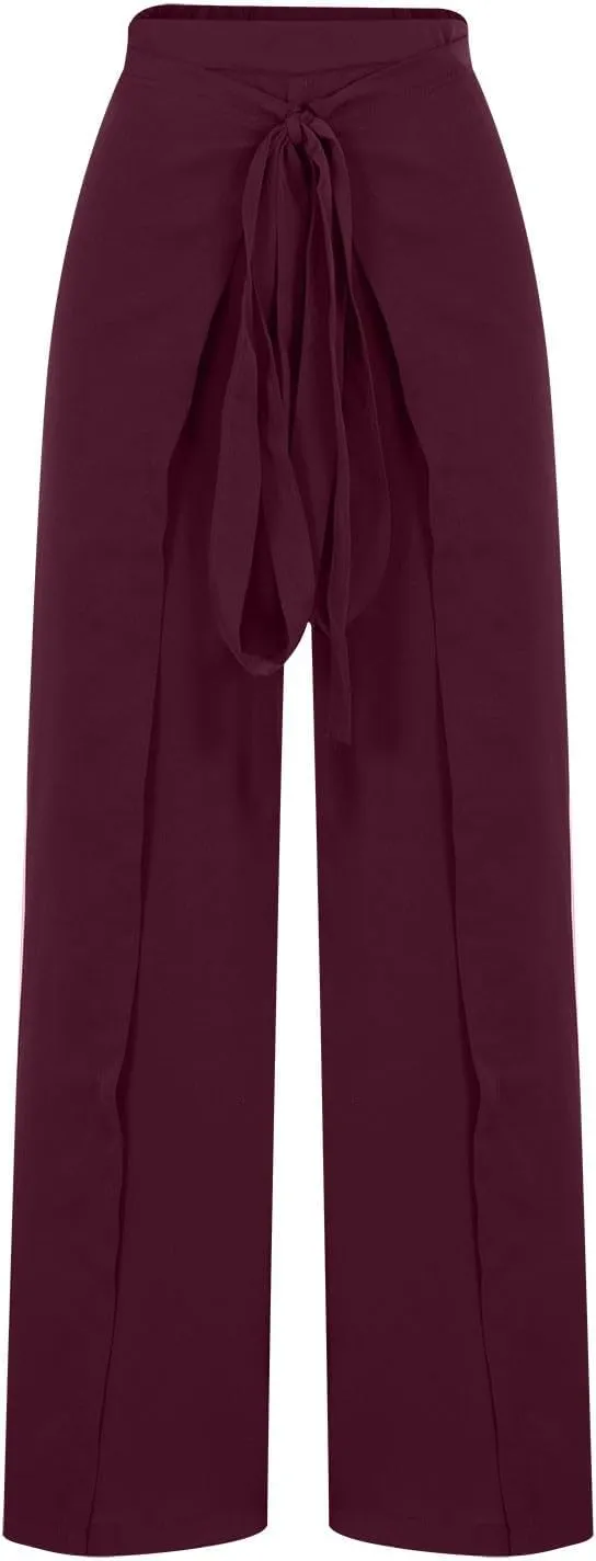 Womens Wide Leg Pants Yoga Flowy Split Palazzo Pants Tie Front Wrap Trousers Beach Cover Up Casual Lounge Boho Pants