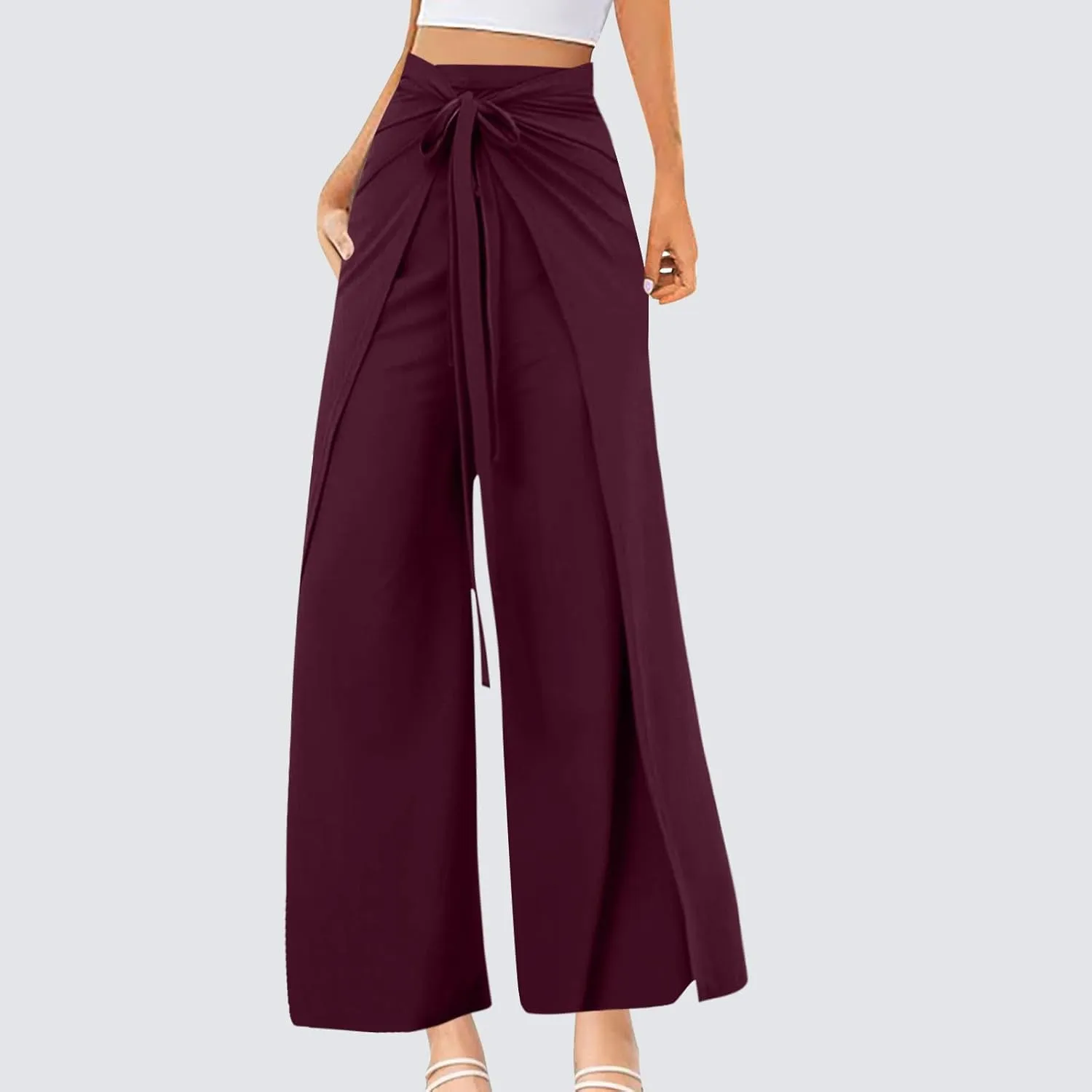Womens Wide Leg Pants Yoga Flowy Split Palazzo Pants Tie Front Wrap Trousers Beach Cover Up Casual Lounge Boho Pants