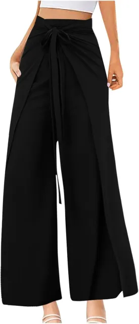 Womens Wide Leg Pants Yoga Flowy Split Palazzo Pants Tie Front Wrap Trousers Beach Cover Up Casual Lounge Boho Pants