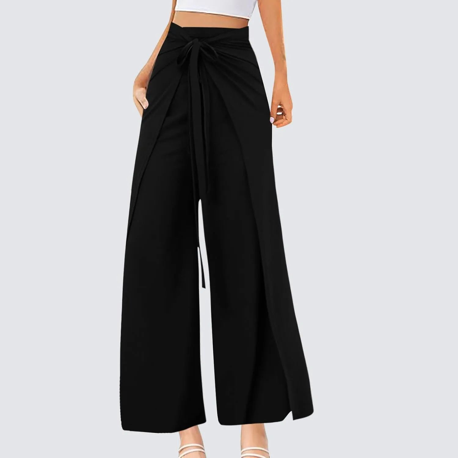 Womens Wide Leg Pants Yoga Flowy Split Palazzo Pants Tie Front Wrap Trousers Beach Cover Up Casual Lounge Boho Pants
