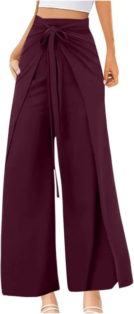 Womens Wide Leg Pants Yoga Flowy Split Palazzo Pants Tie Front Wrap Trousers Beach Cover Up Casual Lounge Boho Pants
