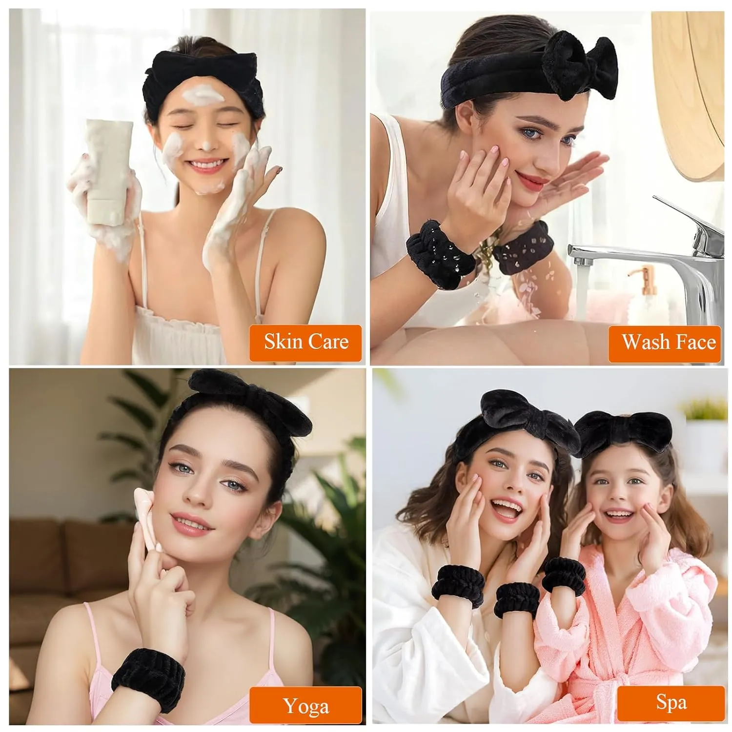Wrist Towels for Washing Face spa Wristbands and Headband Microfiber Quick Dry Absorbent Wristbands for Girls Men Makeup 6PCS Arm Bands Set(Black)