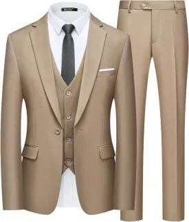 WULFUL Mens Slim Fit Suit One Button 3-Piece Blazer Dress Business Wedding Party Jacket Vest & Pant